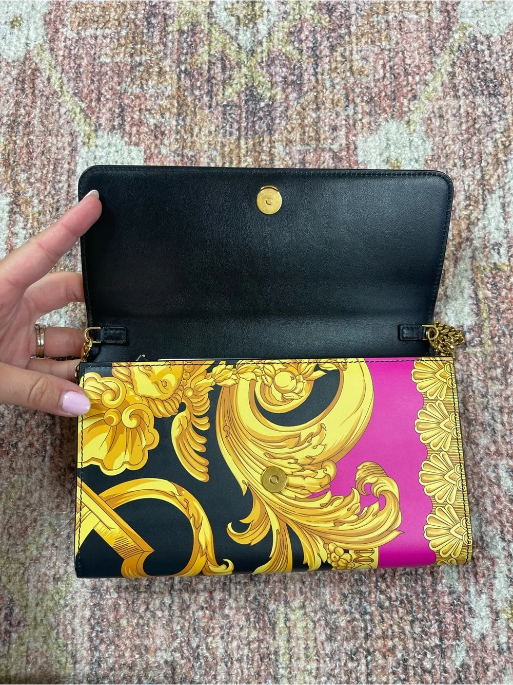 Versace Baroque Medusa Chain Clutch Black Pink Gold Leather Wallet Crossbody